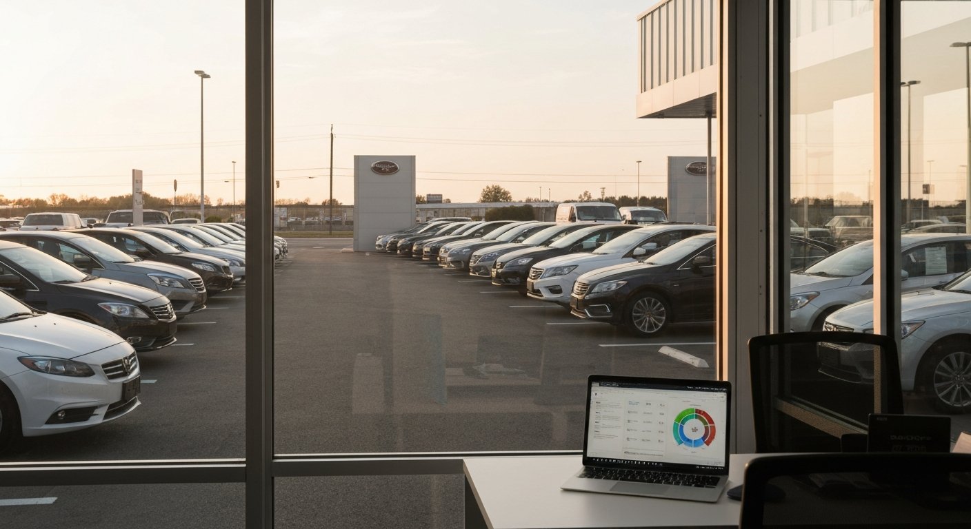 Independent used-car dealership lot at golden hour with sales office and inventory dashboard